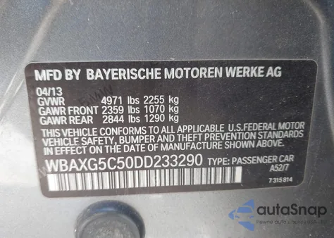 2013 BMW 528I I from USA, damaged, VIN WBAXG5C50DD233290